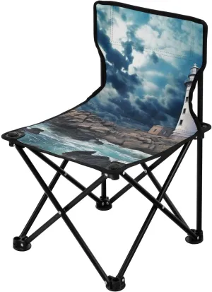 Beautiful Lighthouse Portable Outdoor Folding Chair Anti-Slip Padded Oxford Cloth Stool Camping Chair Small for Beach Hiking Fishing Gardening Quad Camp Chair