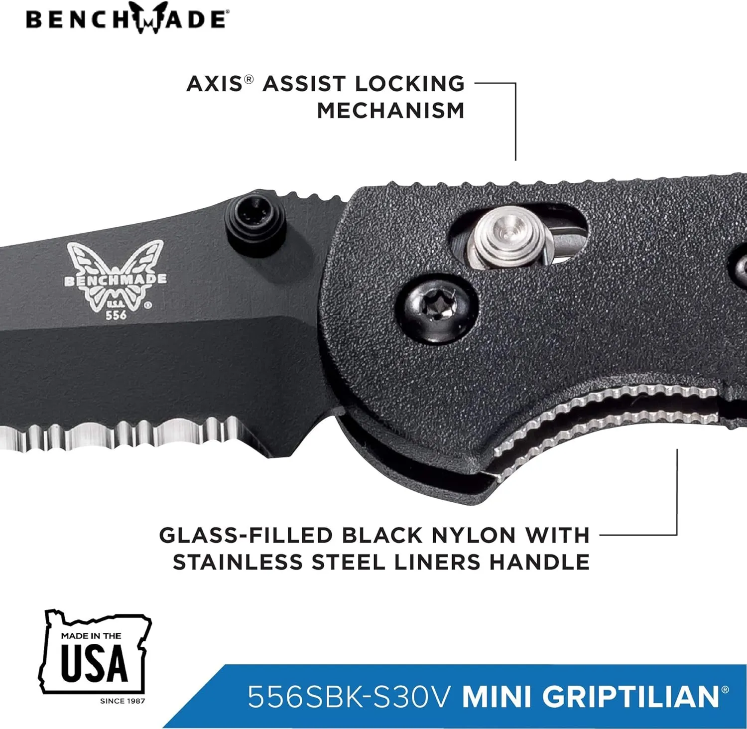 Benchmade - Mini Griptilian EDC Knife with CPM-S30V Steel, Drop-Point Blade, Made in the USA