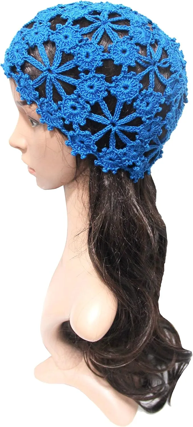 BIBITIME Women Lace Crochet Beanie Hat Handmade Knitted Cutout Floral Skull Cap