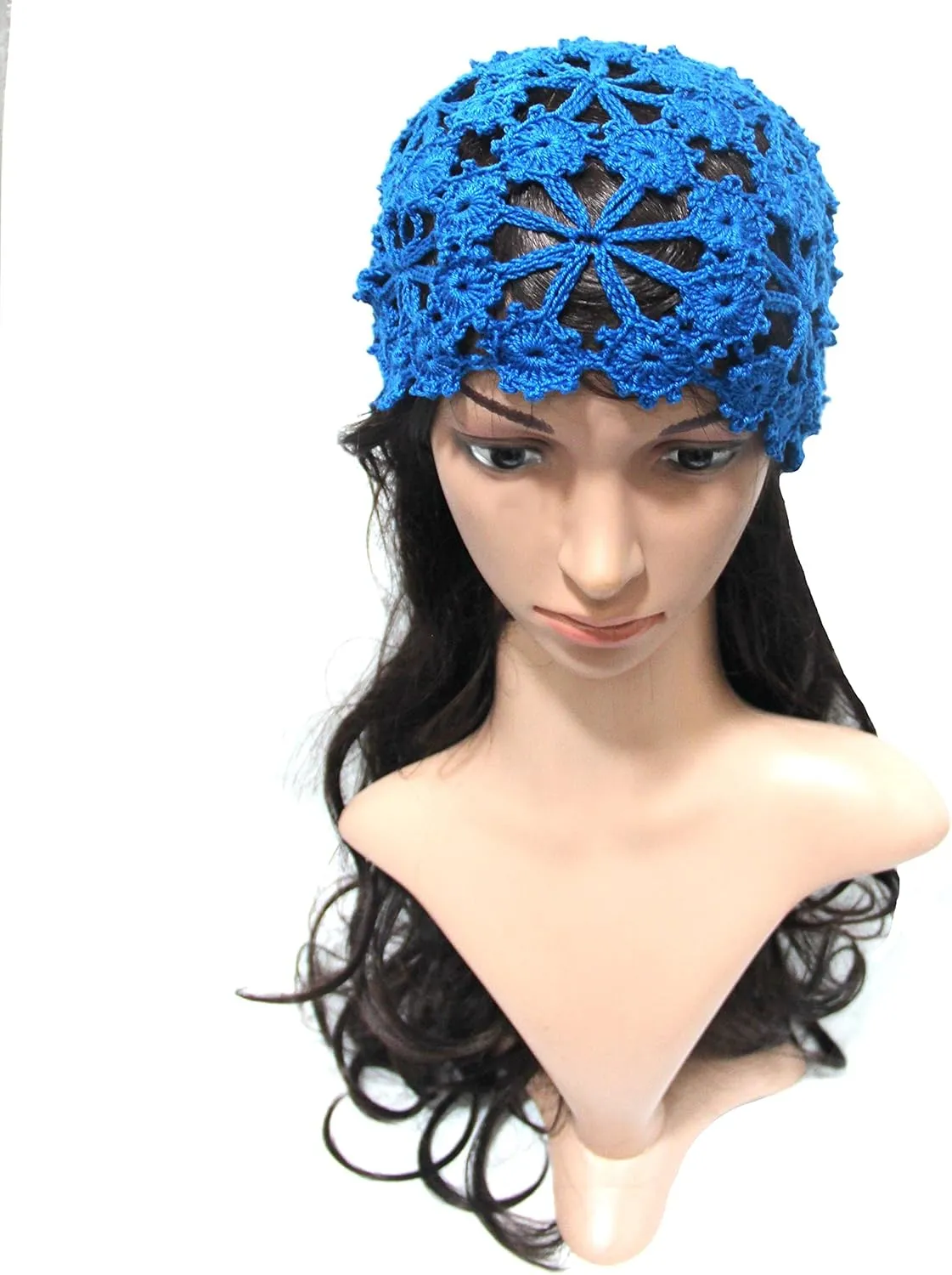 BIBITIME Women Lace Crochet Beanie Hat Handmade Knitted Cutout Floral Skull Cap