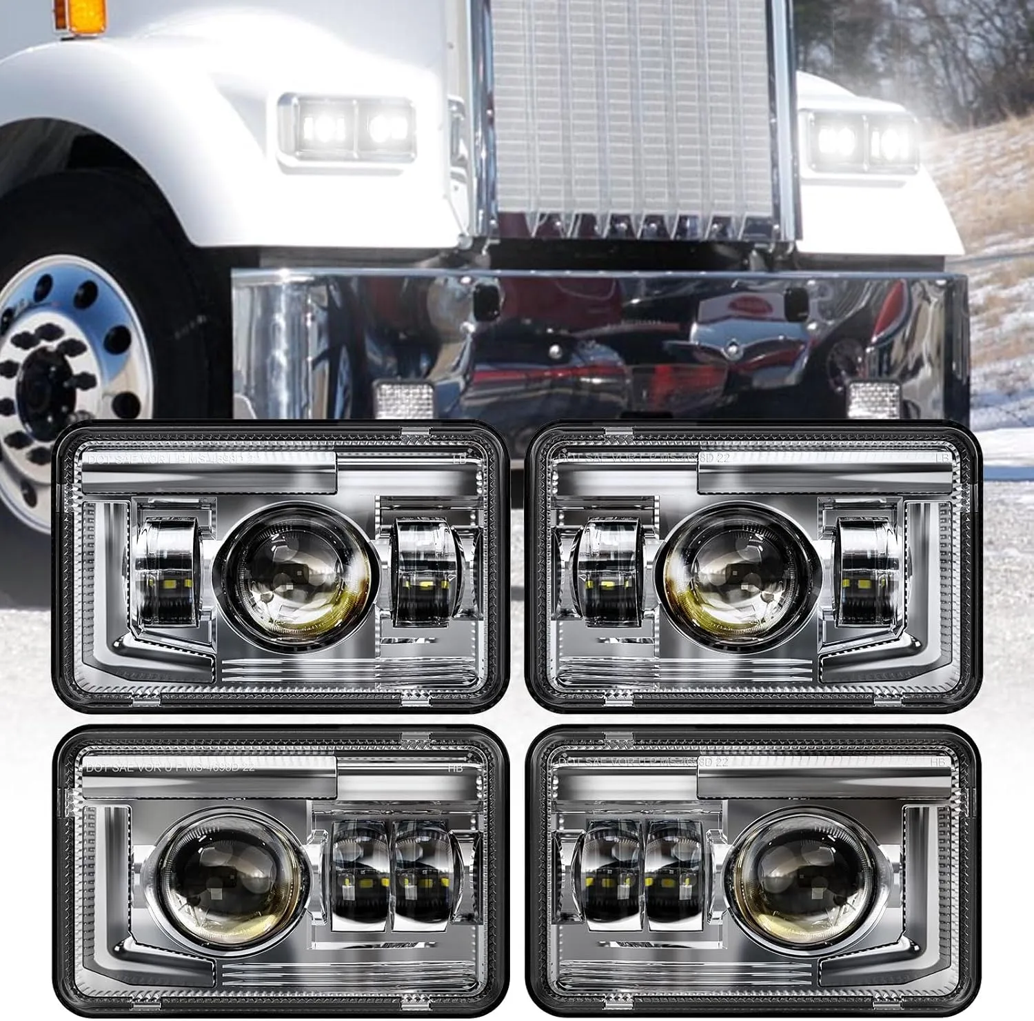 BICYACO 4 PCS DOT 4x6 Inch LED Headlights Rectangular Replacement H4651 H4652 H4656 H4666 H6545 Compatible with Peterbilt Kenworth Freightinger Ford Probe Oldsmobile Cutlass