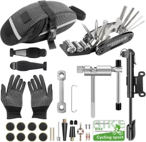 Bike Tool Kits,Bike Tire Repair Kit with 16-in-1 Multi-Tool, 100 PSI Mini Pump, Chain Breaker, Tire Pry Bar, Gloves&Bike Bag for Road&Mountain Bikes