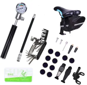 Bike Tyre Repair Tool Kit & Mini Bike Pump & 16 in 1 Multi-Function & Bicycle Tyre Lever & Bicycle Tail Bag & Self Adhesive Tube Patch Portable Repair Cycling Tool Set for Road Mountain BMX