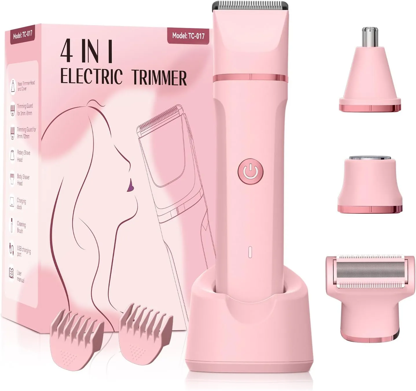 Bikini Trimmer for Women - 4 in 1 Electric Razors for Women, Waterproof Body Pubic Hair Electric Shaver for Womens, Replaceable Facial & Nose Hair Razor, Rechargeable Grooming Kit, Pink
