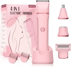 Bikini Trimmer for Women - 4 in 1 Electric Razors for Women, Waterproof Body Pubic Hair Electric Shaver for Womens, Replaceable Facial & Nose Hair Razor, Rechargeable Grooming Kit, Pink