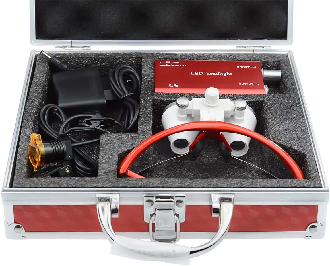 Binocular Loupes Optical Glass Loupe 3.5X420mm Adjustable Distance with 3W LED Head Light Plastic Clip Filter Headlamp Aluminum Case (Red)