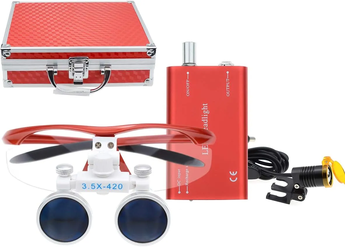 Binocular Loupes Optical Glass Loupe 3.5X420mm Adjustable Distance with 3W LED Head Light Plastic Clip Filter Headlamp Aluminum Case (Red)