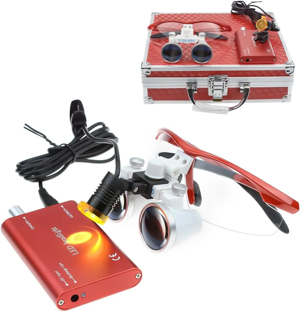 Binocular Loupes Optical Glass Loupe 3.5X420mm Adjustable Distance with 3W LED Head Light Plastic Clip Filter Headlamp Aluminum Case (Red)