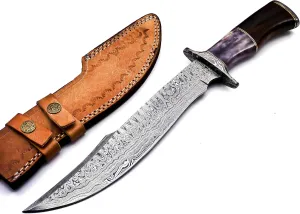 BK-42 Handmade Damascus Steel 15 Inches Hunting Razor Sharp Knife - Beautiful Rosewood, Bone & Bull Horn Handle With Hand Stitches Leather Sheath (Purple/Brown)