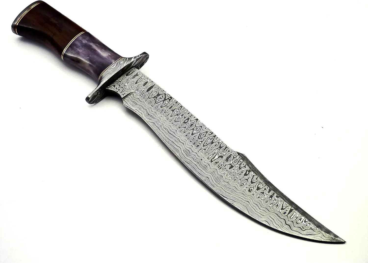 BK-42 Handmade Damascus Steel 15 Inches Hunting Razor Sharp Knife - Beautiful Rosewood, Bone & Bull Horn Handle With Hand Stitches Leather Sheath (Purple/Brown)