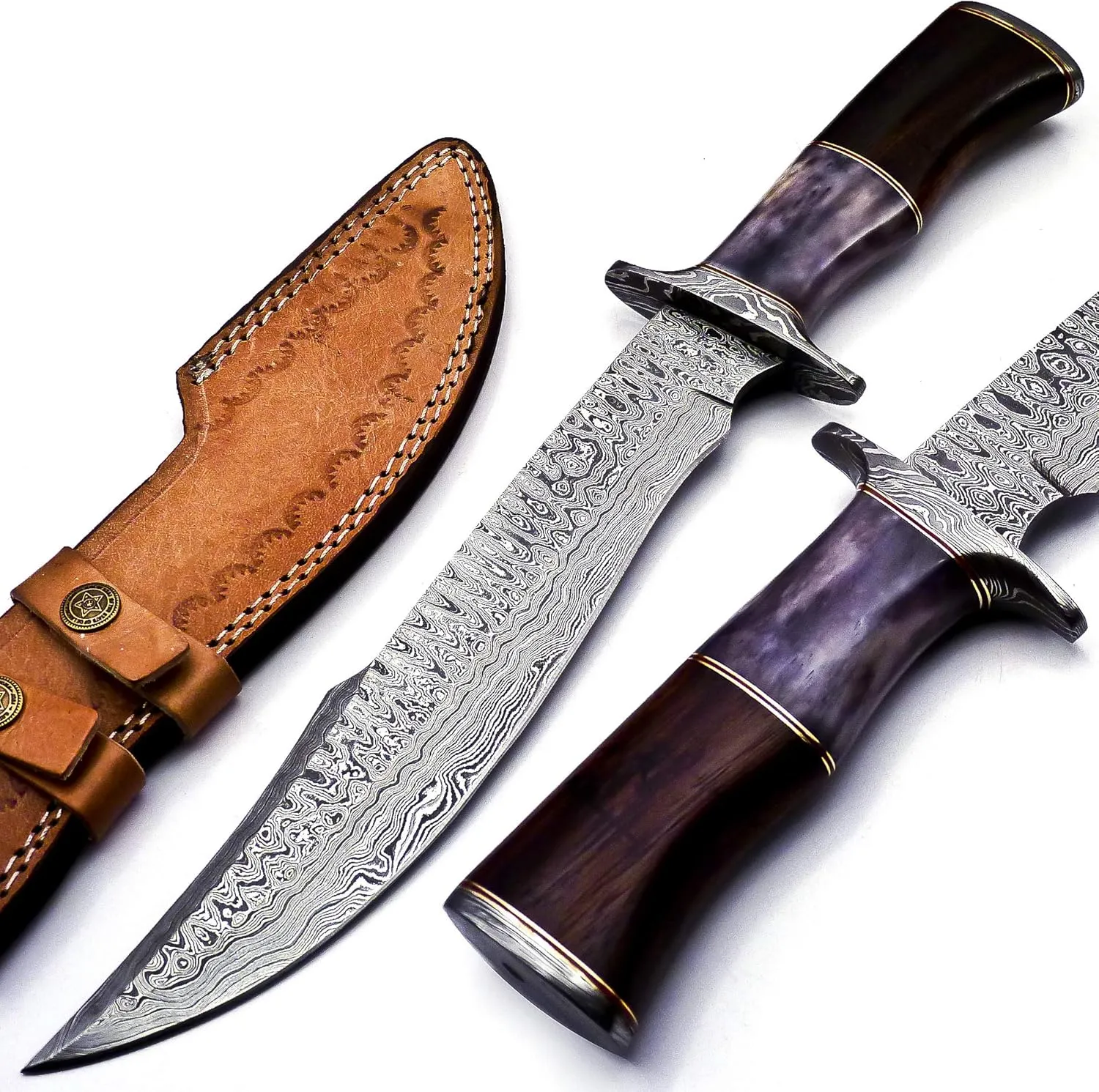 BK-42 Handmade Damascus Steel 15 Inches Hunting Razor Sharp Knife - Beautiful Rosewood, Bone & Bull Horn Handle With Hand Stitches Leather Sheath (Purple/Brown)