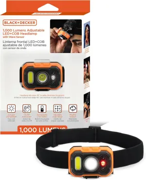 BLACK DECKER 1,000LM LED and COB Headlamp, USB Rechargeable, Adjustable 90° Tilt, Hands-Free Wave Sensor, 7 Lighting Modes, Waterproof IP65, Fits Over Hats & Helmets, Ideal for Camping, Hiking, DIY