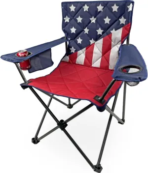 Black Sierra XL Patriotic USA American Flag Camping Chair, Oversize Foldable Outdoor Chair w/Padding & 2 Cupholders, Heavy Duty Lawn Chair Supports 300 lbs for Camping, Beach, RV, Patio, Sports