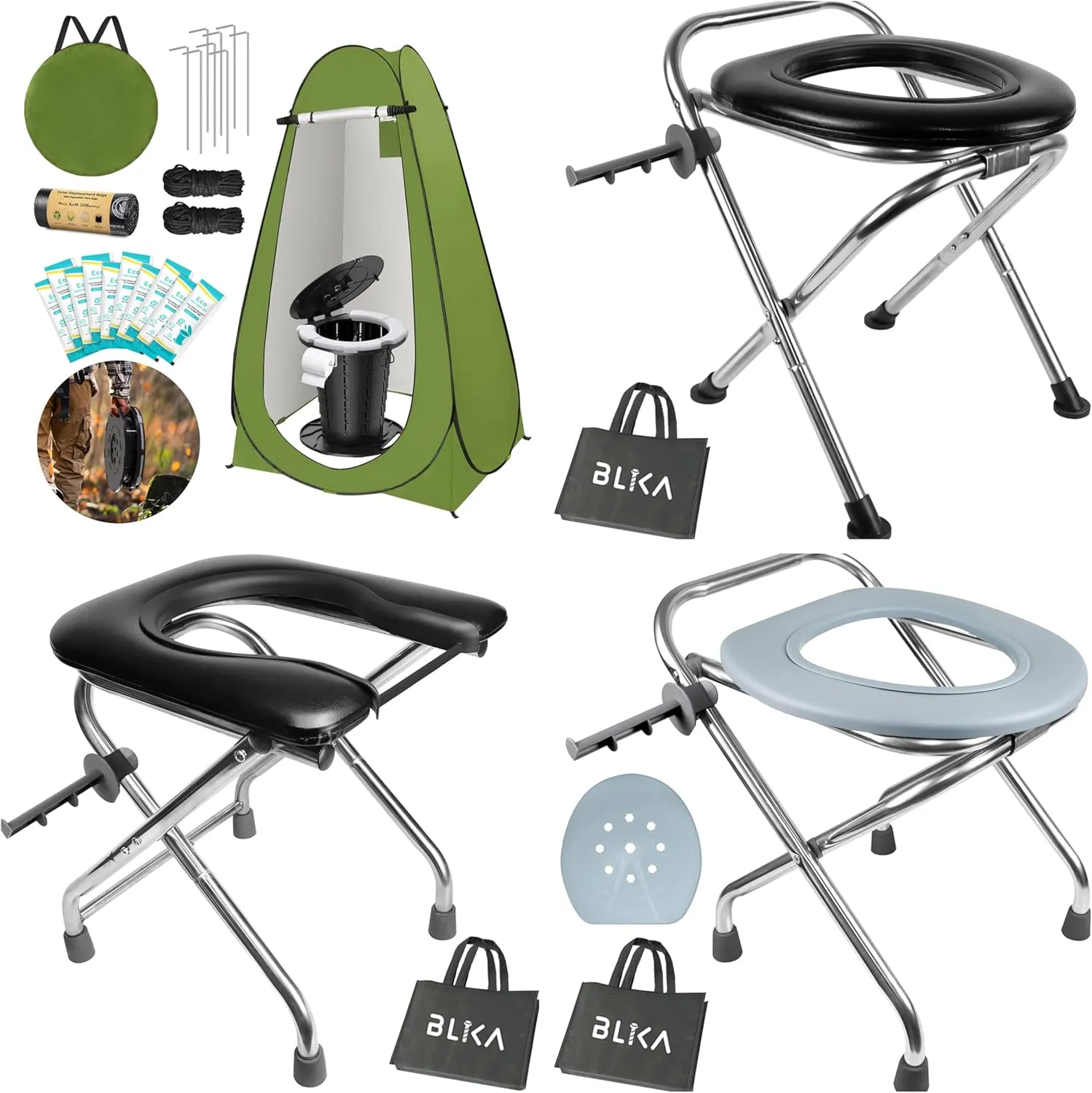 BLIKA Portable Toilet Kit for Camping, Camp Toilet with Pop-Up Privacy Tent, Toilet Bags and Eco Absorbent Gel, Foldable Portable Toilet for Adults, Portable Outdoor Shower Tent Camp Toilet