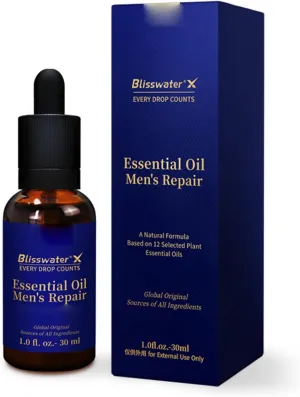BlissWater Massage Oil for Men – Plant-Based Essential Oil Blend for Energy & Vitality, Only for External,30mL