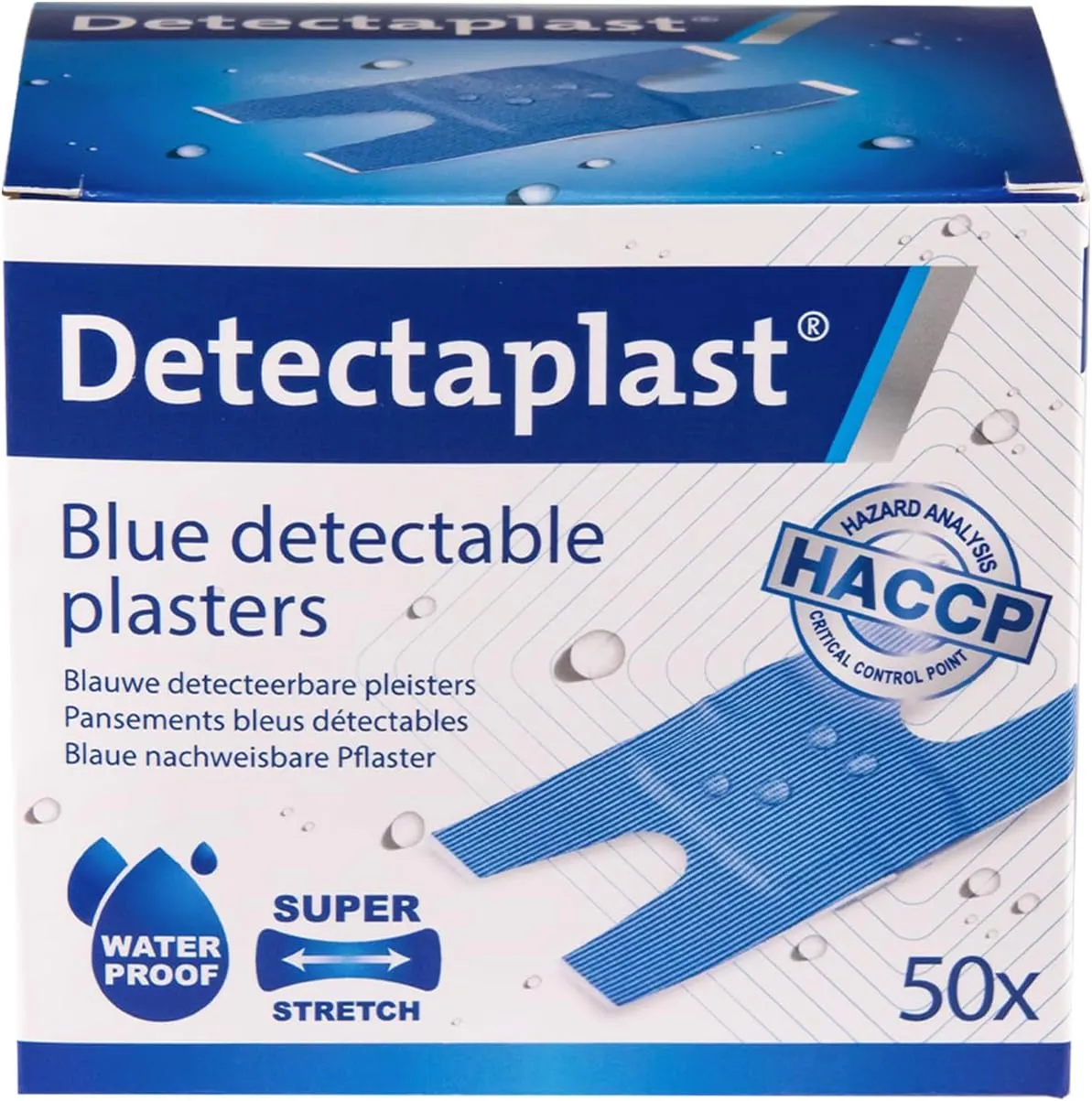 Blue bandaids Premium, Metal detectable and Waterproof bandaids, Essential for Catering First aid kit in Food handling environments, Kitchen aid, 2,68 x 1,49 inches (Knuckle), 50 Strips