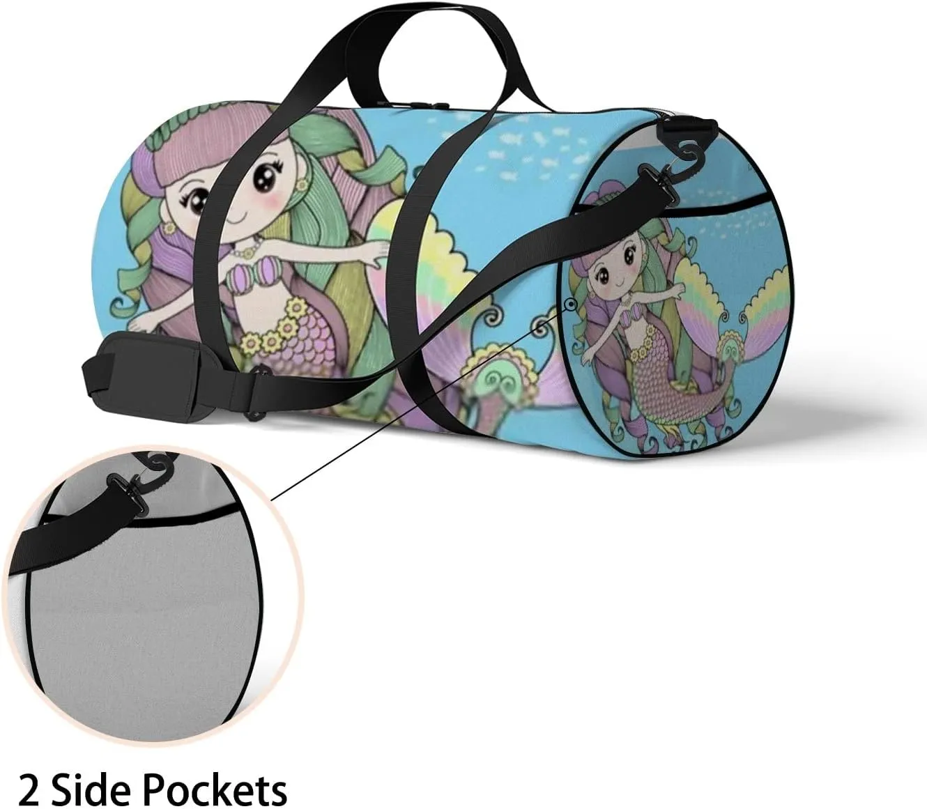 Blue Cute Mermaid Swimming under Sports Bag Tote Bag Waterproof Gym Bag with Shoulder Strap Zipper 2 Side Pockets for Men and Women, Travel and Storage Shoulder Bag.