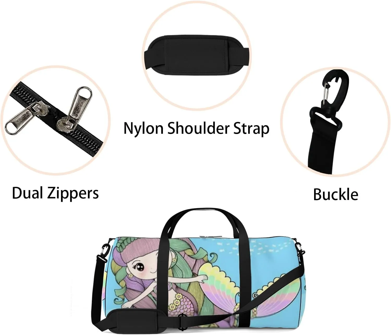 Blue Cute Mermaid Swimming under Sports Bag Tote Bag Waterproof Gym Bag with Shoulder Strap Zipper 2 Side Pockets for Men and Women, Travel and Storage Shoulder Bag.