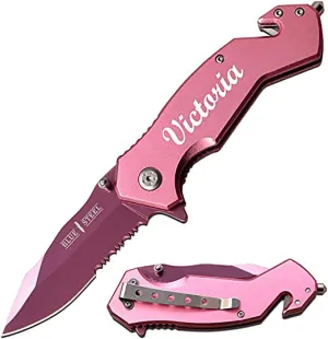 Blue Steel Personalized Laser Engraved Pocket Knife, Rescue Pocket Knife with 3.25-Inch Stainless Steel Blade, Glass Breaker Tip, Belt Cutter, and Pocketclip, Color - (Light Pink)