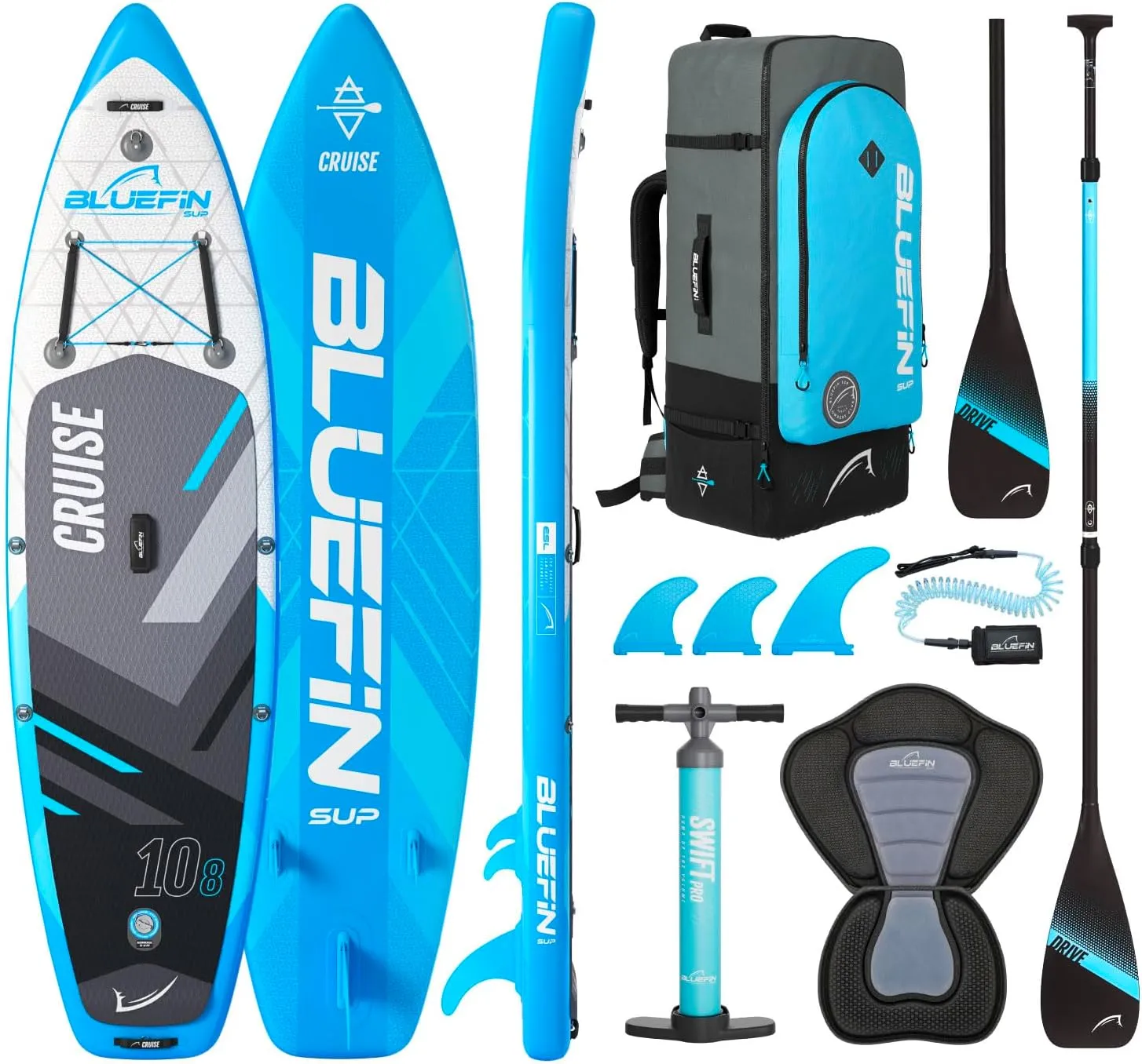 Bluefin® Cruise SUP Boards Premium Stand Up Inflatable Paddle Board Stable Design Non-Slip Design with Fibreglass Paddle & Accessories 5 Year Warranty Multiple Sizes for Adults