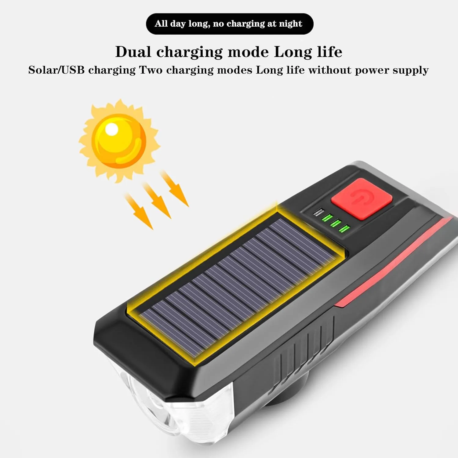 BNEI Bicycle Headlight, Solar/USB Dual Charging, Loud Speaker, Power Display, Easy to Install, Suitable for Night Riding