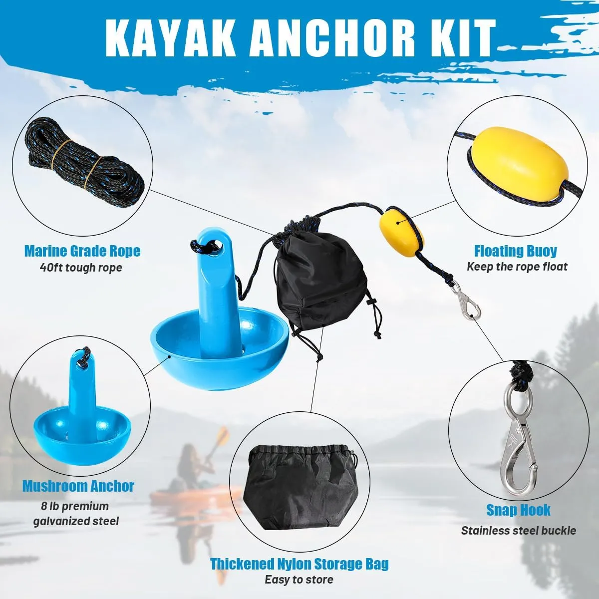 Boat Kayak Anchor Kit 40ft Rope & Storage Bag - Accessories for Kayaks, Canoes, SUP Boards, Small Boats, Jet Skis & PWCs