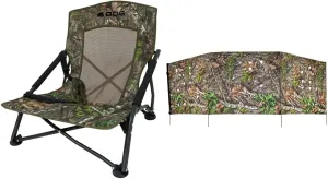 BOG Low Profile Turkey Ground Blind Chair with Rugged Construction & Ameristep 4-Spur Ground 3D Leafy Die-Cut Camo Ultra-Compact Easy-Setup Three-Panel Low-Noise Run-and-Gun 2-Person Hunting Blind