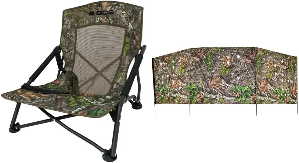 BOG Low Profile Turkey Ground Blind Chair with Rugged Construction & Ameristep 4-Spur Ground 3D Leafy Die-Cut Camo Ultra-Compact Easy-Setup Three-Panel Low-Noise Run-and-Gun 2-Person Hunting Blind