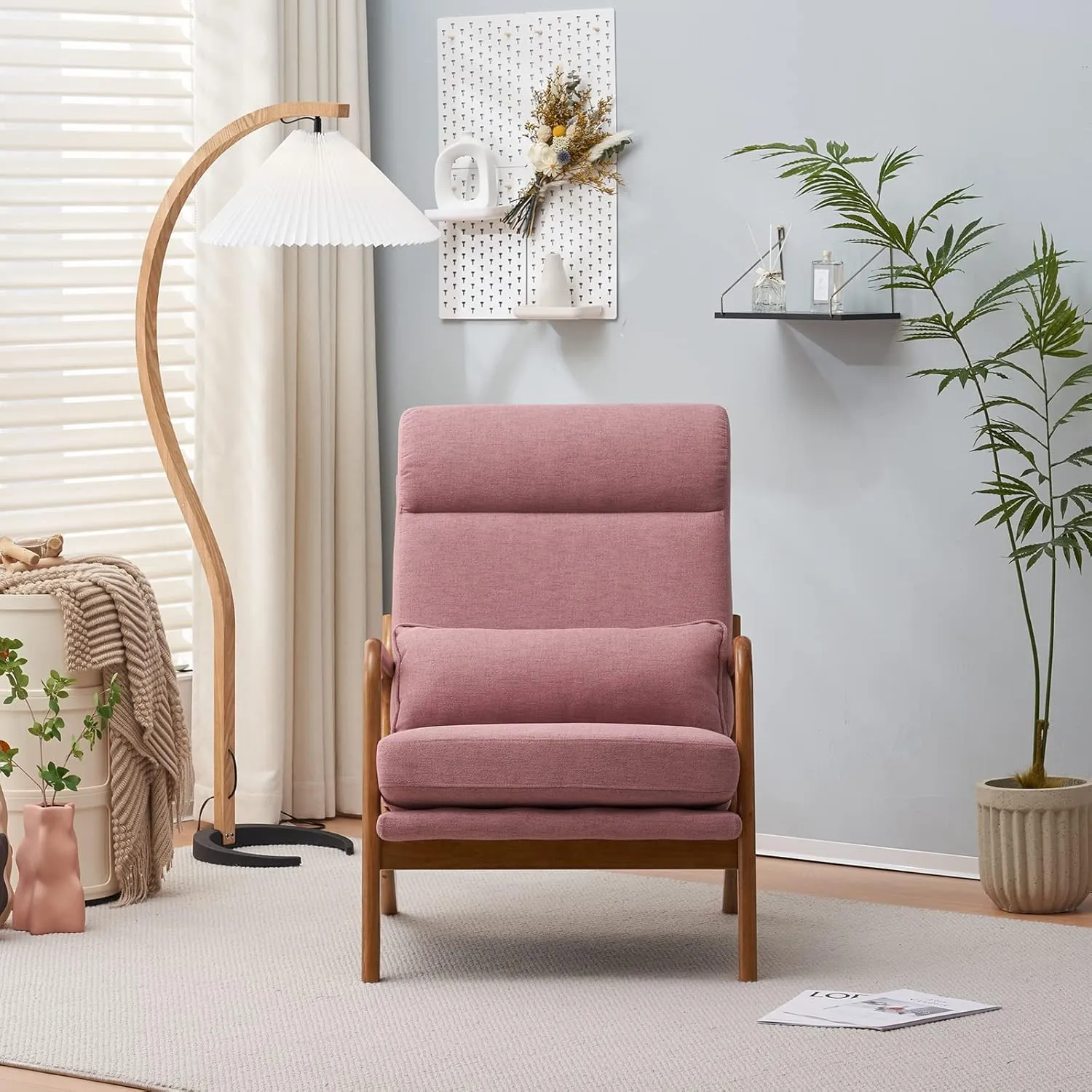 Bonnlo High Back Linen Pink Mid Century Modern Accent Chair, Soild Wood Padding Lounge Armchairs Side Sitting Chairs for Living Room, Bedroom, Guest Room