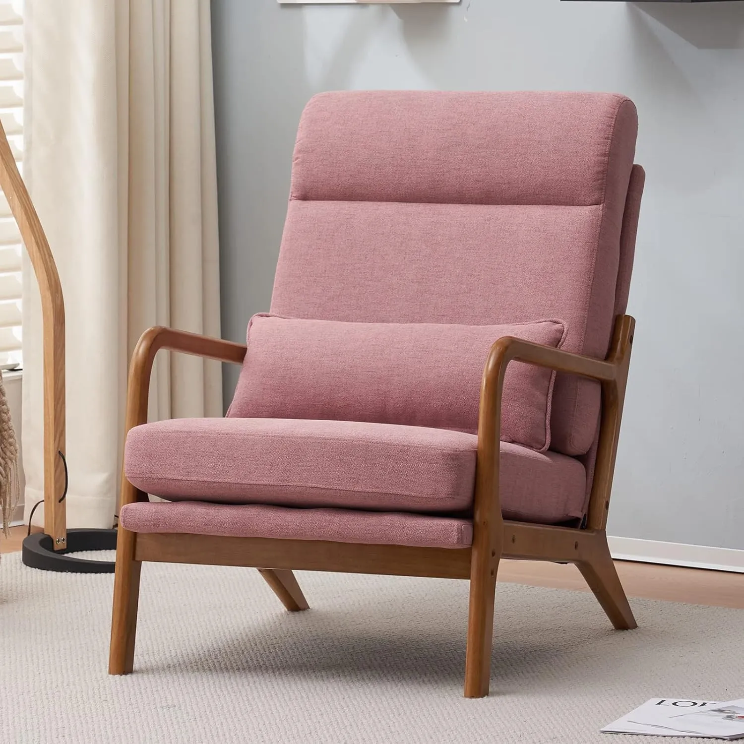 Bonnlo High Back Linen Pink Mid Century Modern Accent Chair, Soild Wood Padding Lounge Armchairs Side Sitting Chairs for Living Room, Bedroom, Guest Room