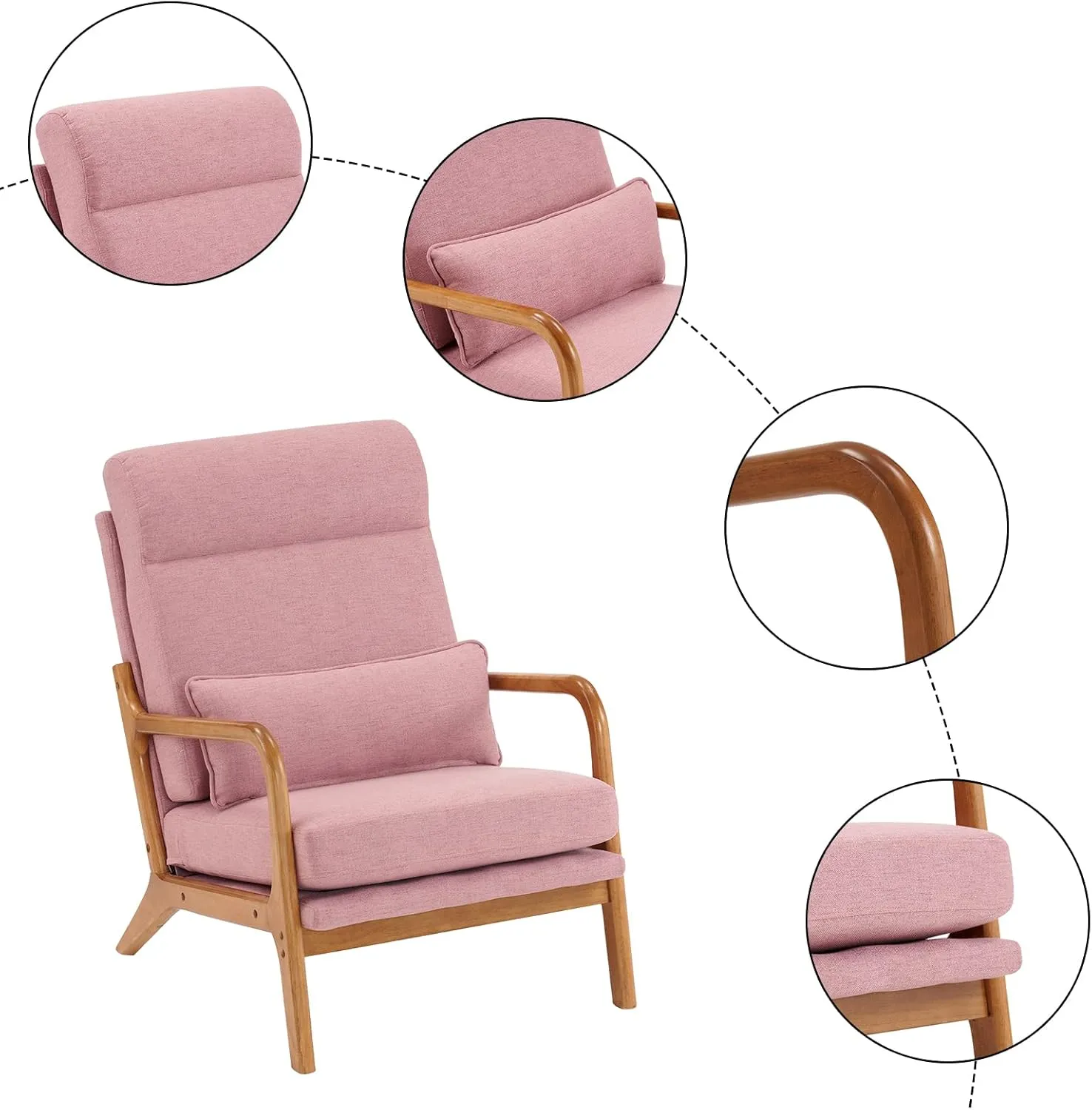 Bonnlo High Back Linen Pink Mid Century Modern Accent Chair, Soild Wood Padding Lounge Armchairs Side Sitting Chairs for Living Room, Bedroom, Guest Room