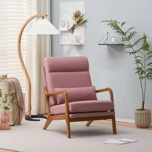 Bonnlo High Back Linen Pink Mid Century Modern Accent Chair, Soild Wood Padding Lounge Armchairs Side Sitting Chairs for Living Room, Bedroom, Guest Room