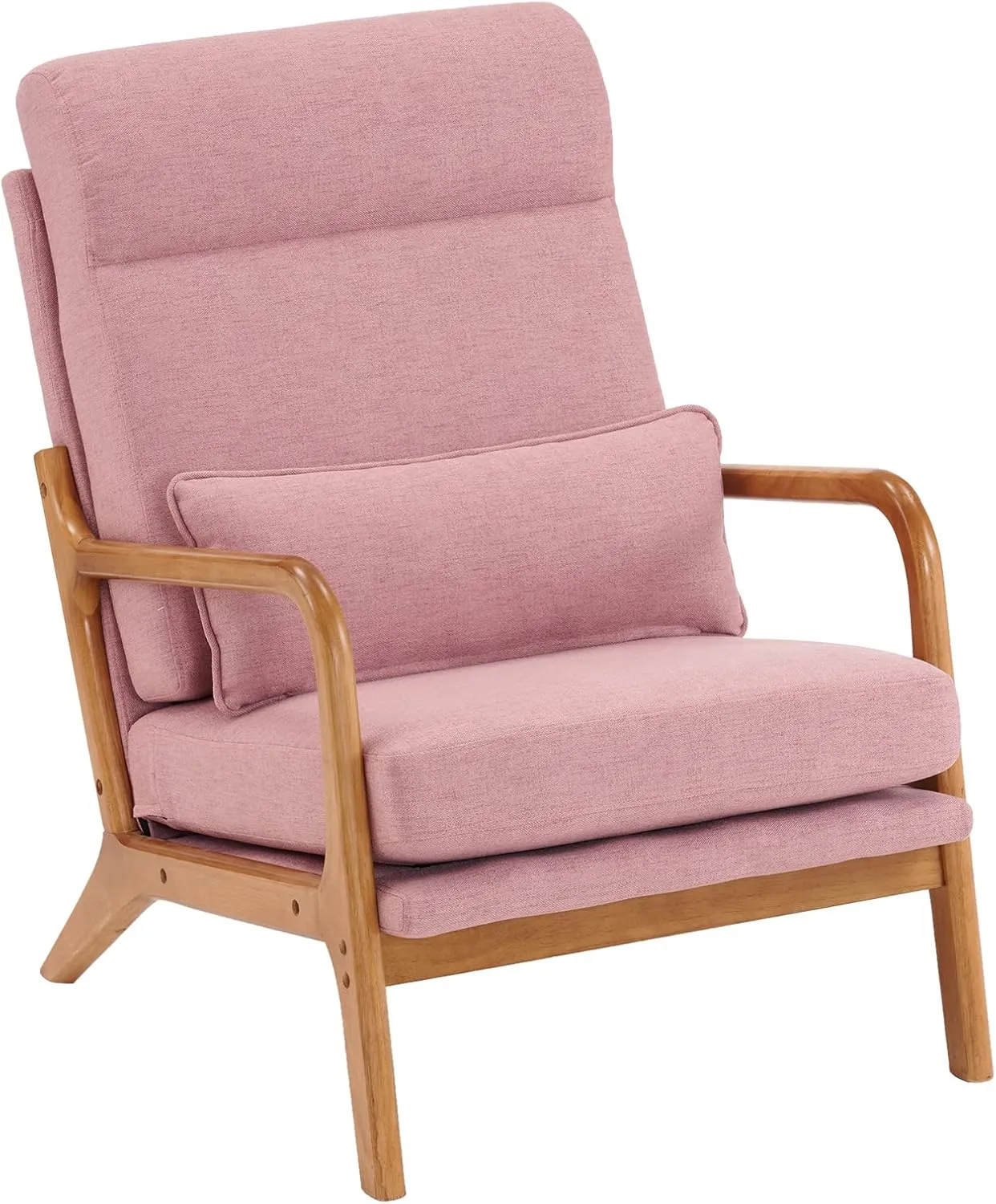 Bonnlo High Back Linen Pink Mid Century Modern Accent Chair, Soild Wood Padding Lounge Armchairs Side Sitting Chairs for Living Room, Bedroom, Guest Room