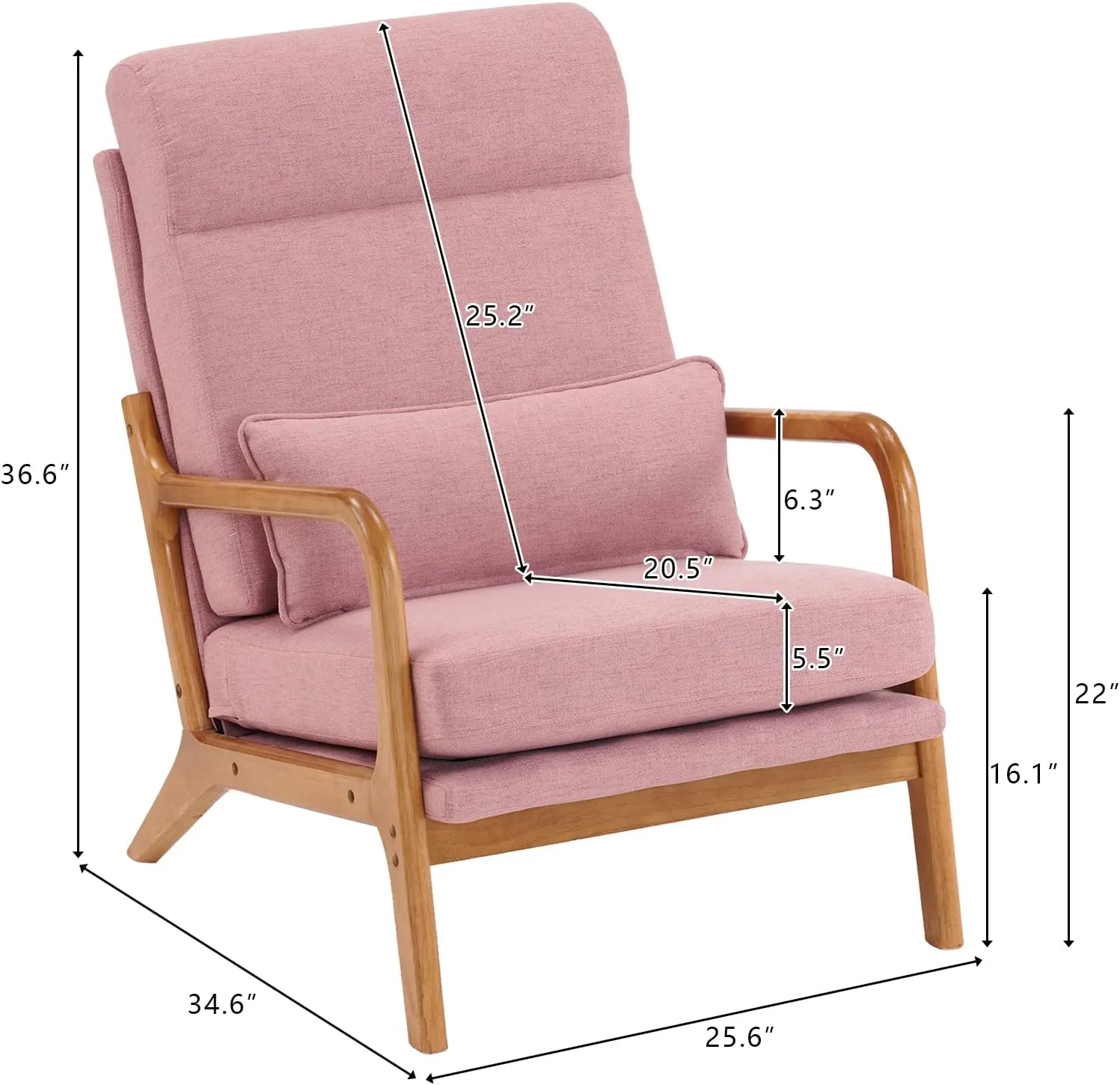 Bonnlo High Back Linen Pink Mid Century Modern Accent Chair, Soild Wood Padding Lounge Armchairs Side Sitting Chairs for Living Room, Bedroom, Guest Room