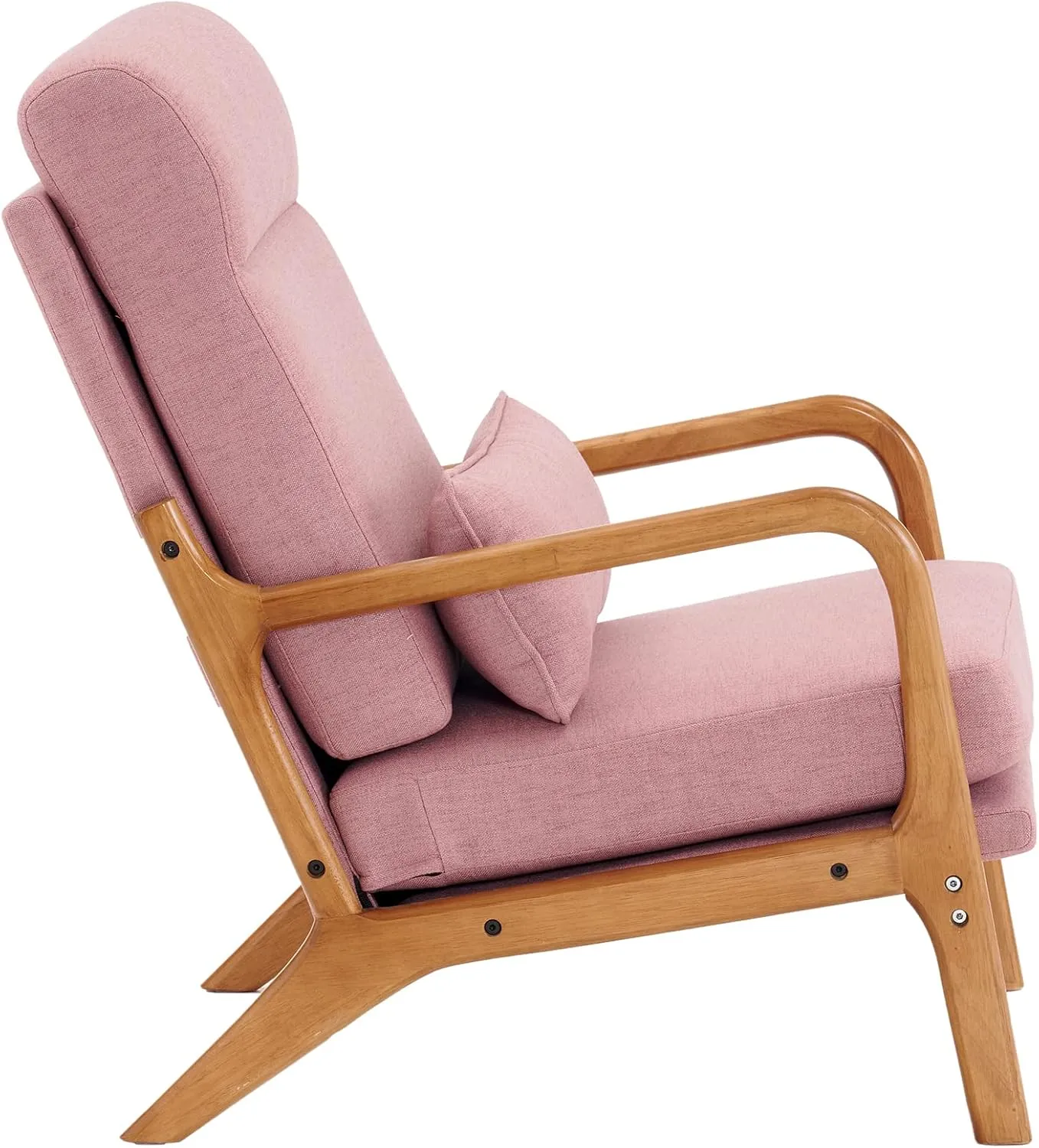 Bonnlo High Back Linen Pink Mid Century Modern Accent Chair, Soild Wood Padding Lounge Armchairs Side Sitting Chairs for Living Room, Bedroom, Guest Room