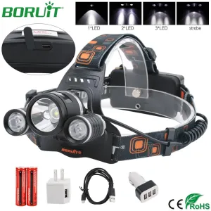 BORUiT 2R5 XM-L2 LED Headlamp Flashlight Rechargeable Waterproof Headlight Camping Hunting Lantern Head Torch Lamp 18650 Battery