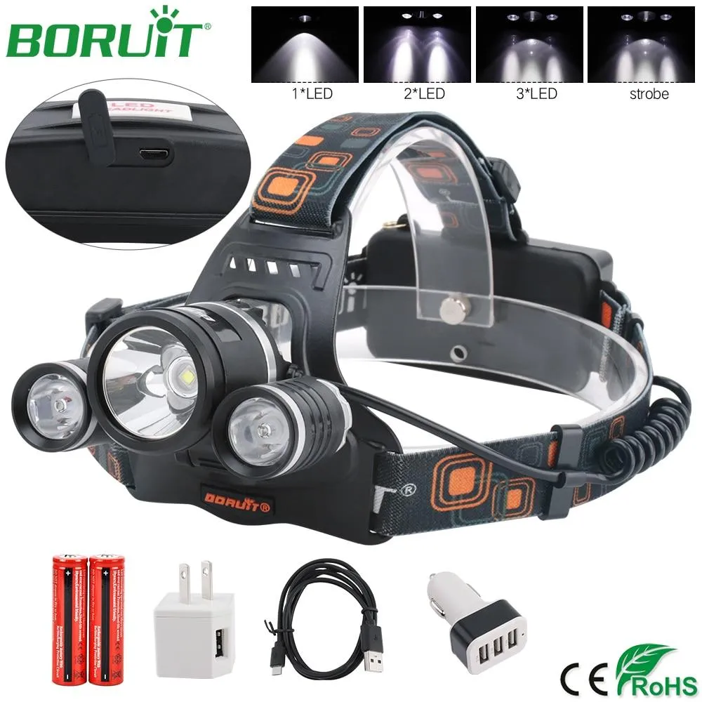BORUiT 2R5 XM-L2 LED Headlamp Flashlight Rechargeable Waterproof Headlight Camping Hunting Lantern Head Torch Lamp 18650 Battery