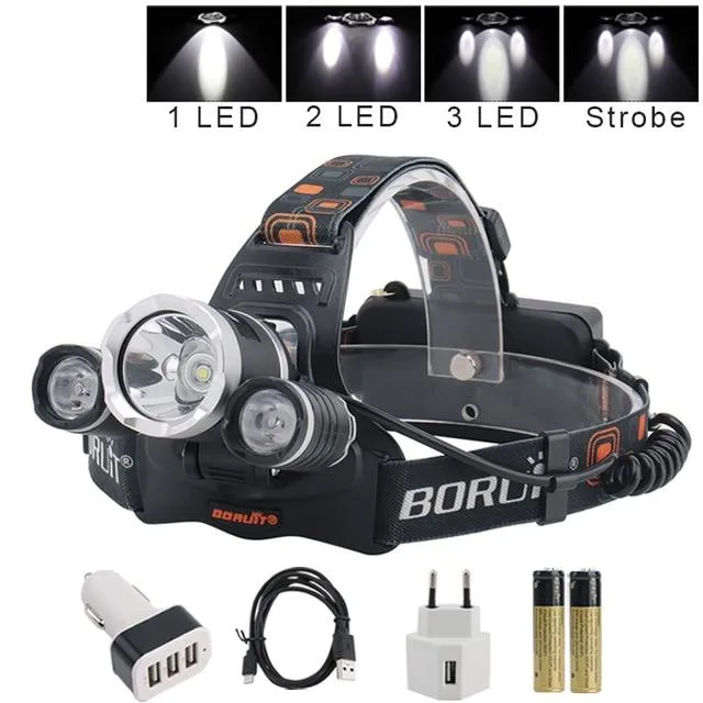 BORUiT XML L2 LED Headlamp Flashlight Rechargeable Headlight Portable Camping Hunting Fishing Head Torch Light by 18650 Battery