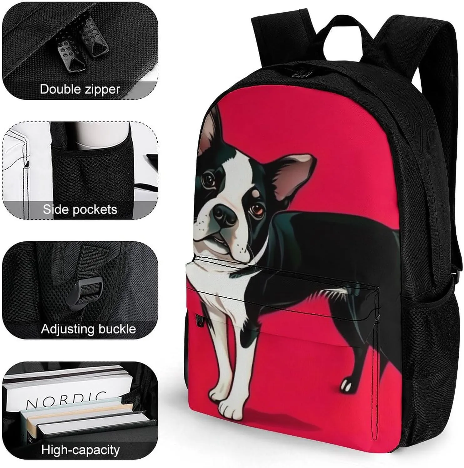 Boston Terrier Dog Art Rucksacks Lightweight Multipurpose Anti-Theft Shoulder Bag Large Capacity Business Computer Bag With Smooth Zippers