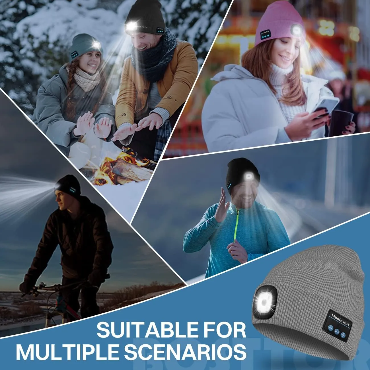 Bosttor Bluetooth Beanie Hat with Light, Headlamp Cap with Headphones and Built-in Speaker Mic, Gifts for Men Women Teen