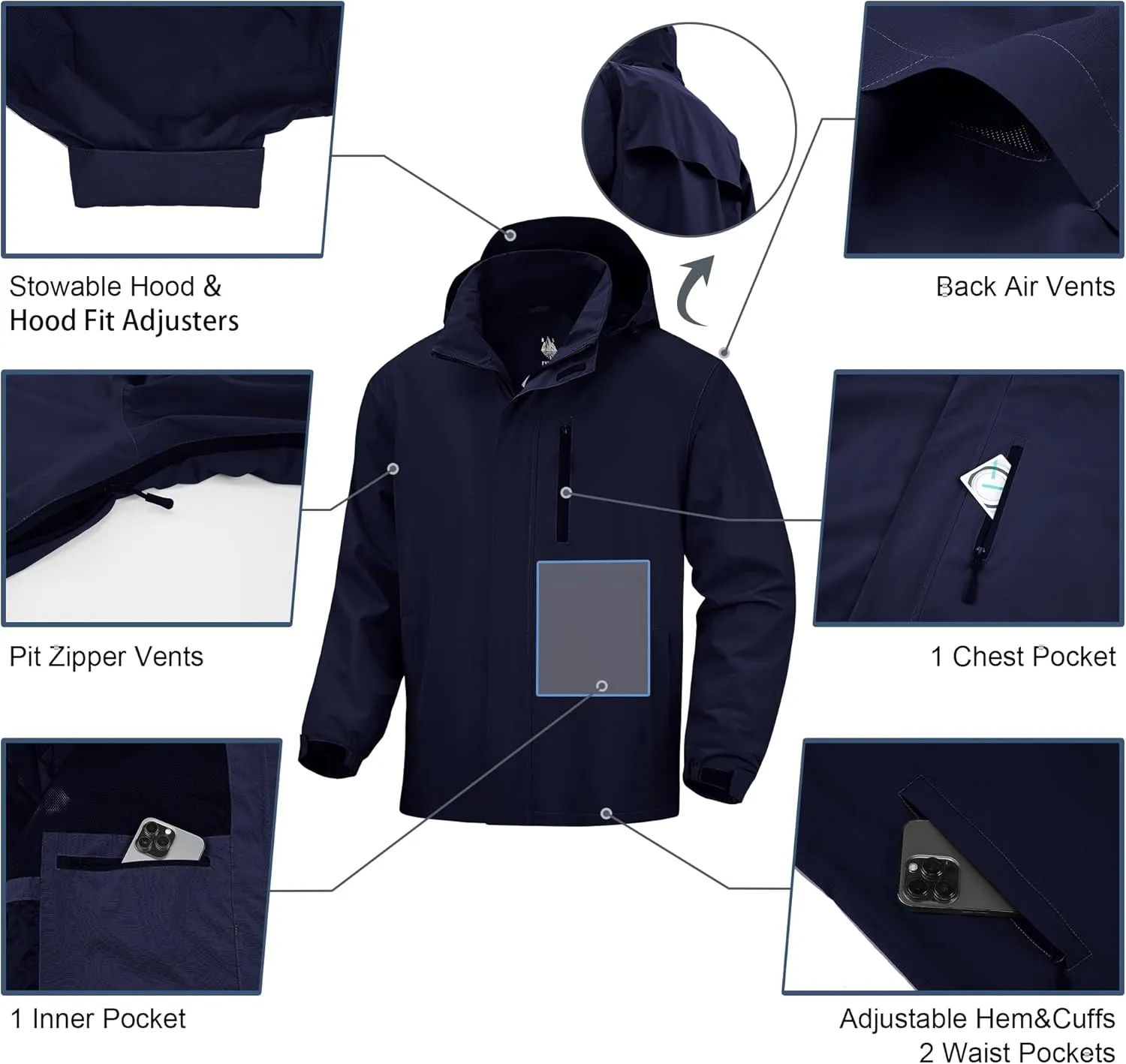 Breathable Rain Jacket Men's Waterproof Raincoat Lightweight Packable Windbreaker with hood