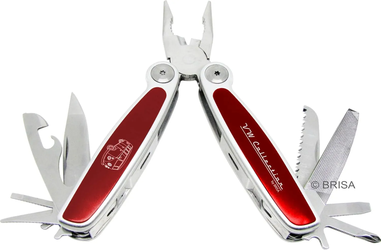 BRISA VW Collection - Volkswagen Multitool Foldable Pocket Tool 8 in 1 Stainless Steel Multifunctional in Retro/Vintage with VW T1 Bus (Silhouette/Red)
