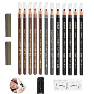 Brow Pencil Mapping Kit 12pcs Microblading Eyebrows Pencil 1pc Permanent Makeup Eyebrow Pencil Duckbill Sharpener 2pcs Razors 10pcs Eyebrow Mapping Stickers (Mix Color Pencil)
