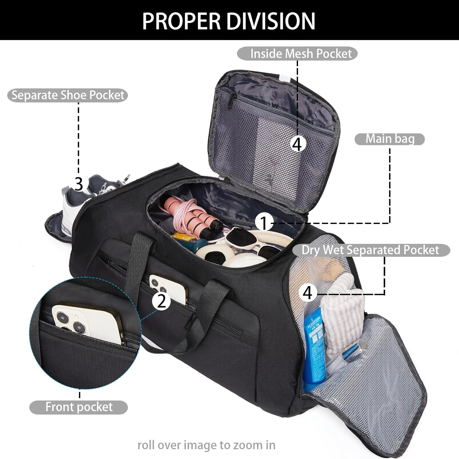 BSHG Gym Bags For Men & Women Waterproof Sports Duffel Bags Travel Backpack Weekender Bag For Men Women Overnight Bag With Shoe Compartment & Wet Pocket Mens Gym Bag B-GD-001-Black