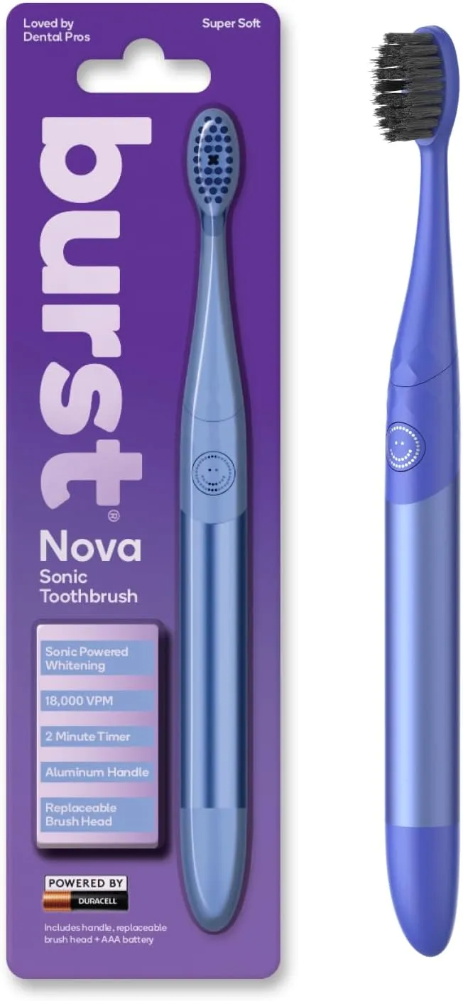 Burst Nova Toothbrush (Blue) | Sonic Powered Teeth Whitening | Super-Soft Bristles | 18000 VPM | 2 Minute Timer | Aluminum Handle | Replaceable Brush Head | Compact Size | with AAA Battery