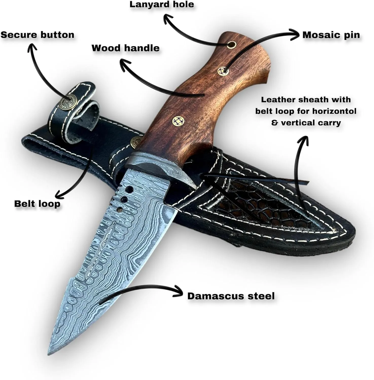 BUSHCRAFTS Custom Handmade Fixed Blade Damascus Steel Hunting Knife with Leather Sheath - 10 inch Skinning Survival Outdoor Camping Knives for Men with Horizontal and Vertical Carry