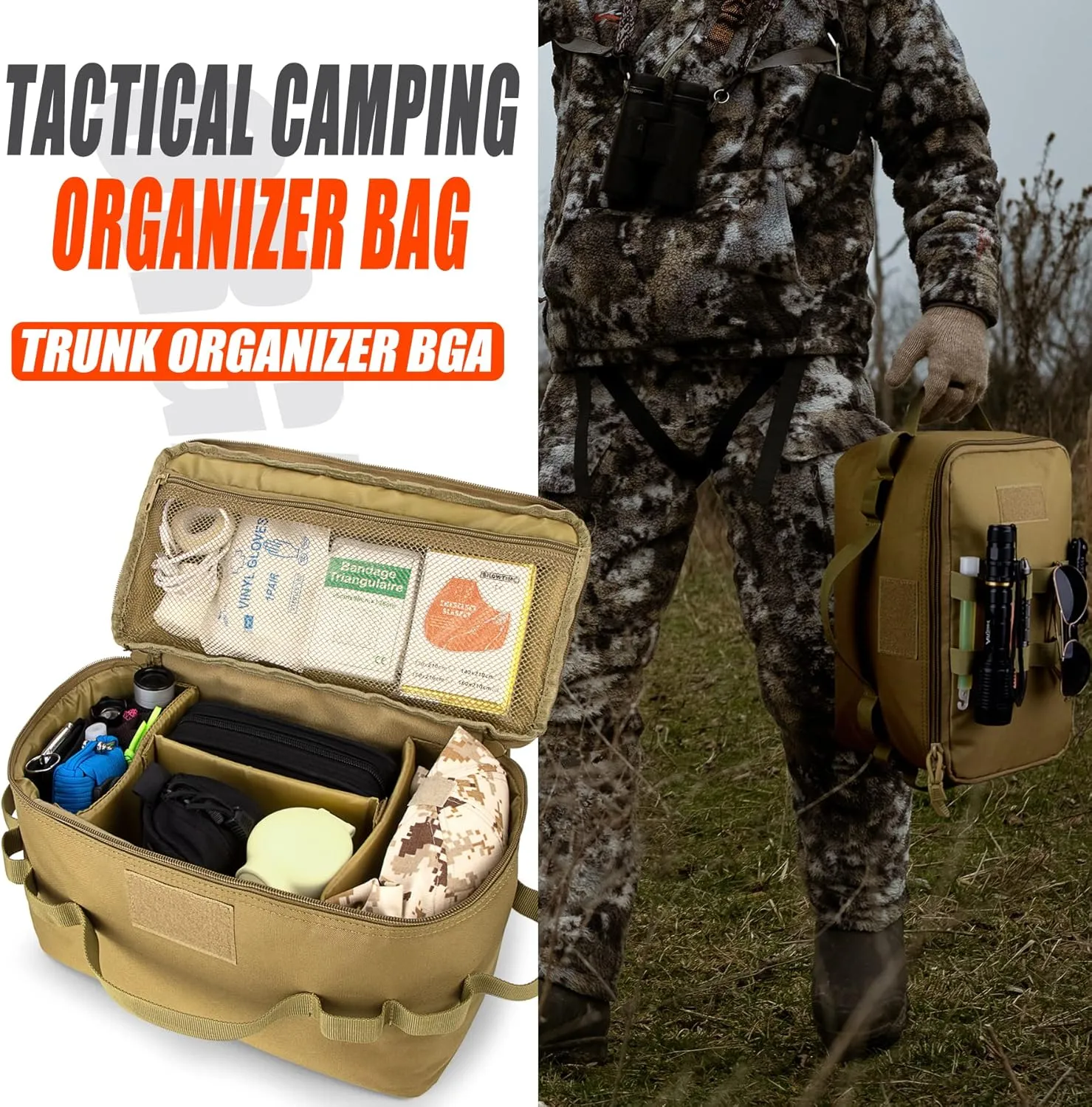 bvya Tactical Camping Storage Bag 11 Liters Outdoor Utility Tote Bag Camping Cookware Organizer Trunk Organizer with Flag Patch