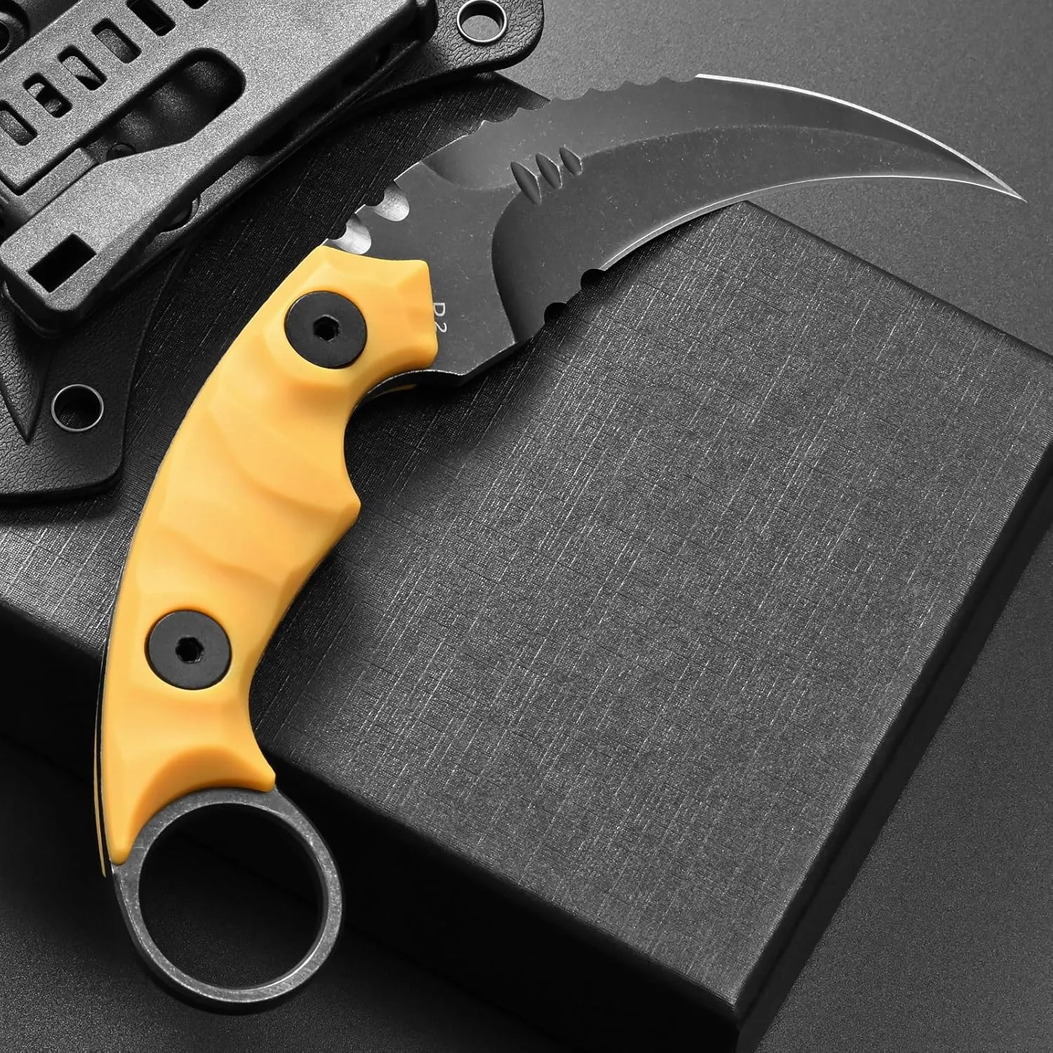 C1691N Fixed Blade Knife,D2 Steel Nylon Fiberglass Handle Outdoor Claw Knife for Survival, Hiking, Camping with Kydex Sheaths(Yellow) …
