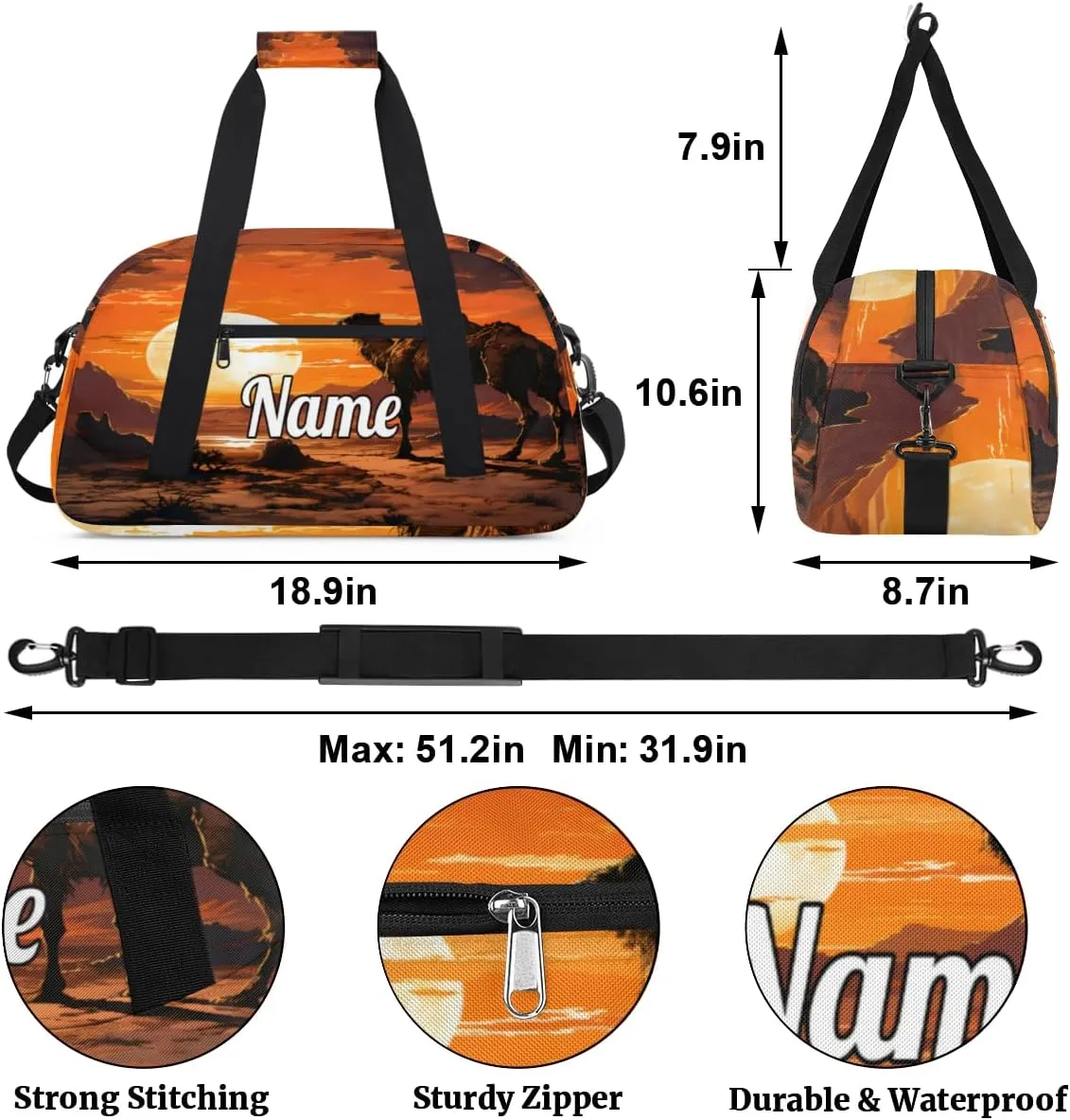 Camel Sunset Print Custom Name Sport Duffel Bag Dance Bag for Girls Teens Personalized Ballet Bag Gift for Birthday Christmas Helloween
