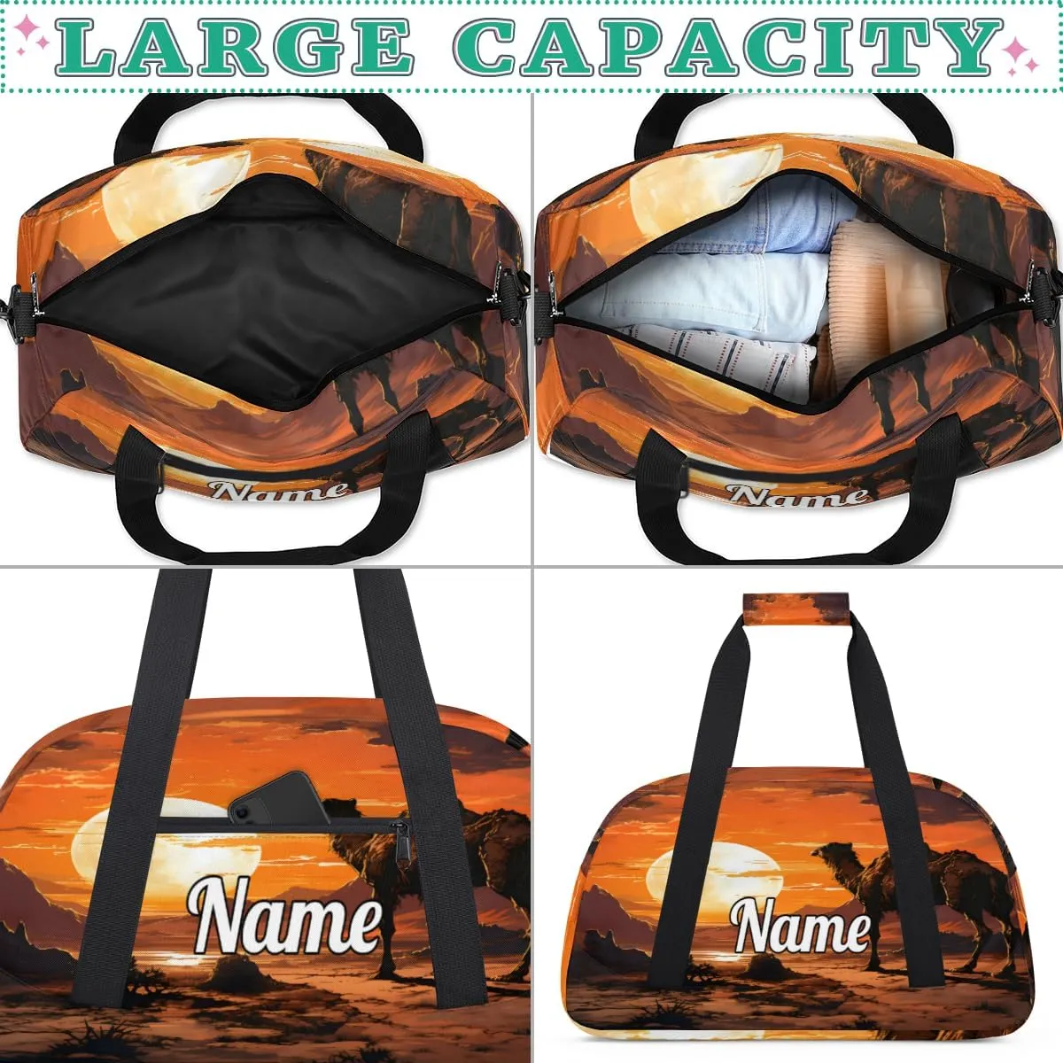 Camel Sunset Print Custom Name Sport Duffel Bag Dance Bag for Girls Teens Personalized Ballet Bag Gift for Birthday Christmas Helloween